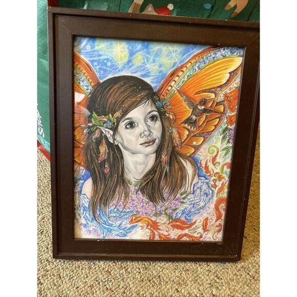 Y2K2008 Fairy Young Lady Bird Fantasy Handpainted ArtPrint Matted Framed Signed - Picture 1 of 6